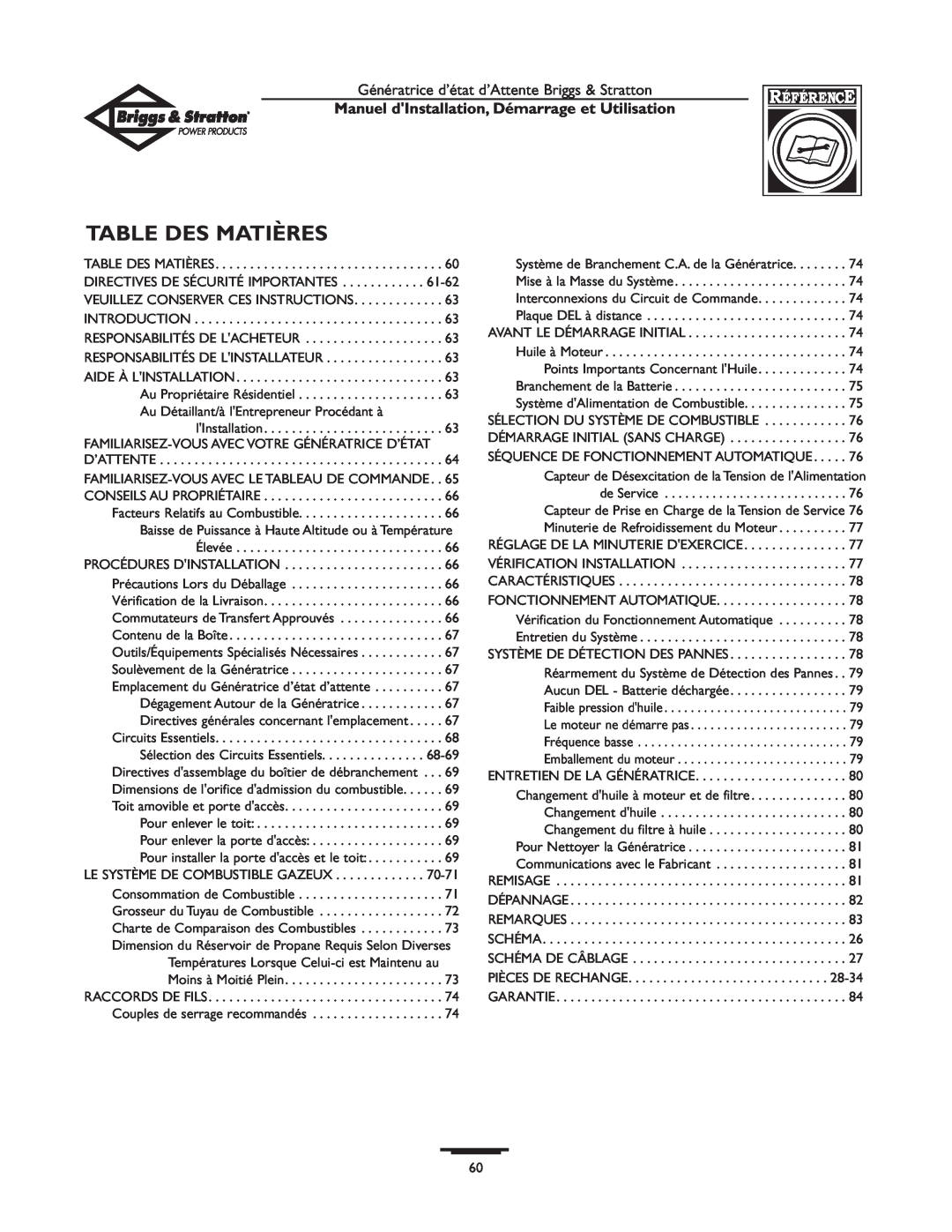Briggs & Stratton 01897-0 manual Table Des Matières, Manuel dInstallation, Démarrage et Utilisation 