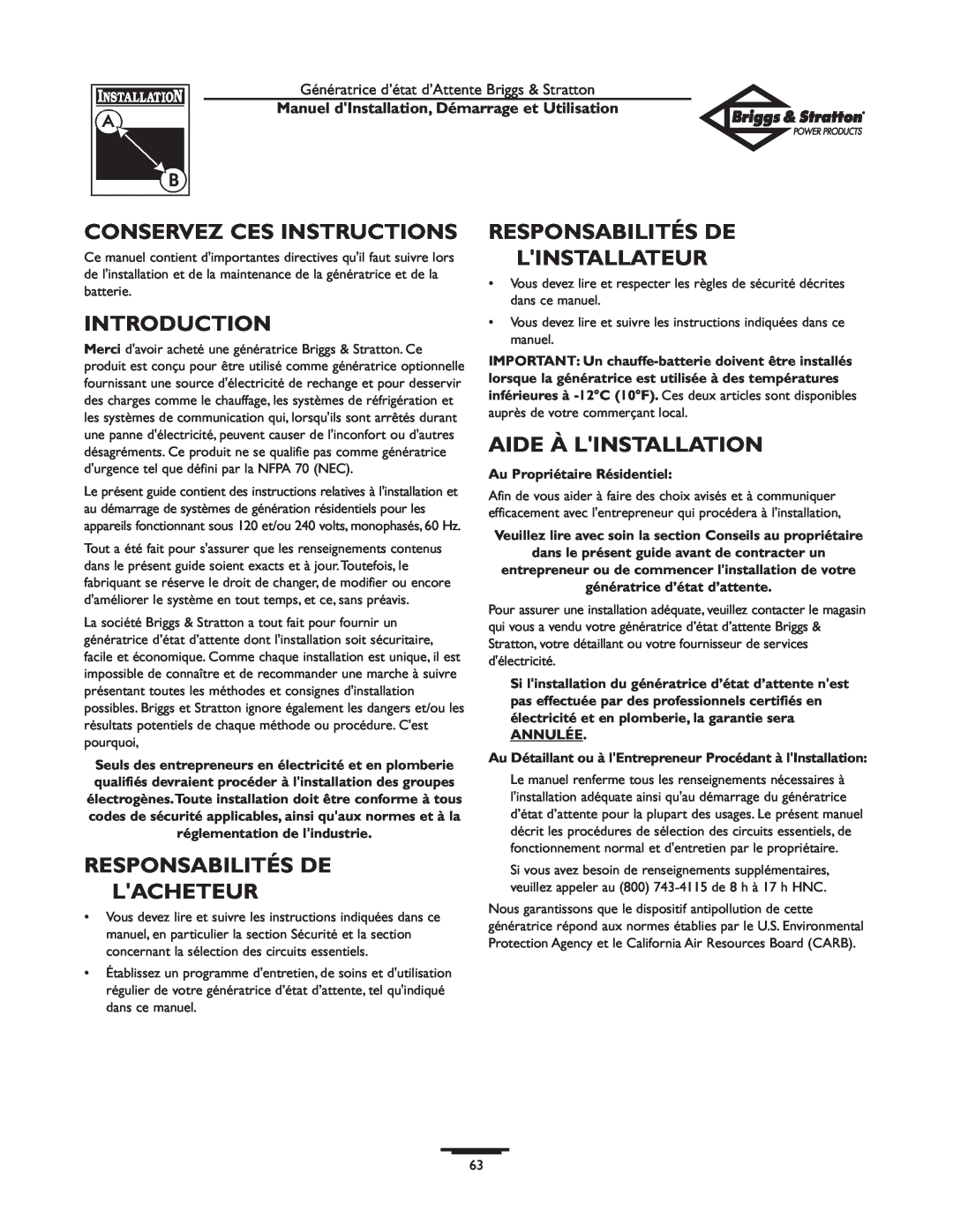 Briggs & Stratton 01897-0 Conservez Ces Instructions, Introduction, Responsabilités De Linstallateur, Aide À Linstallation 