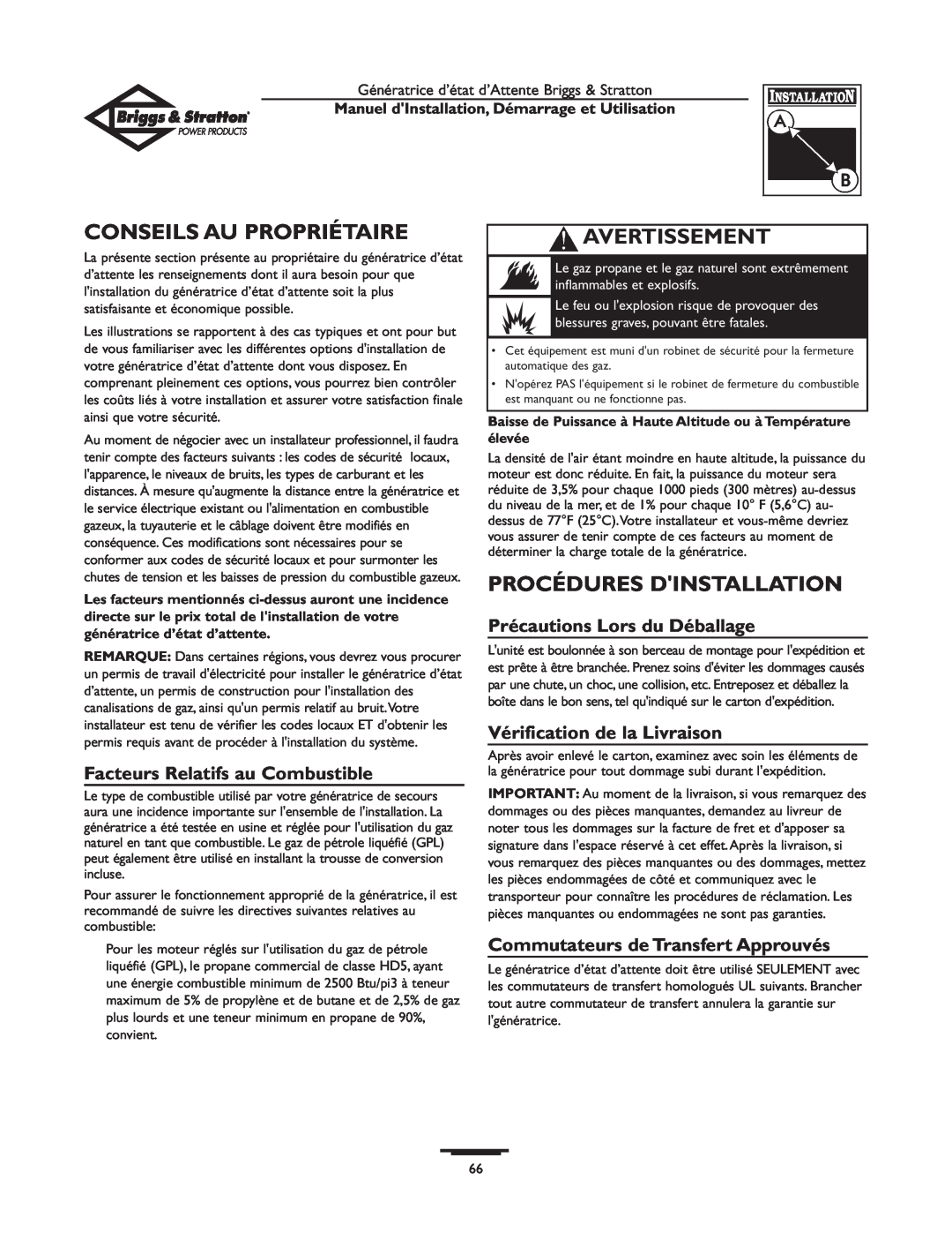 Briggs & Stratton 01897-0 manual Conseils Au Propriétaire, Procédures Dinstallation, Facteurs Relatifs au Combustible 