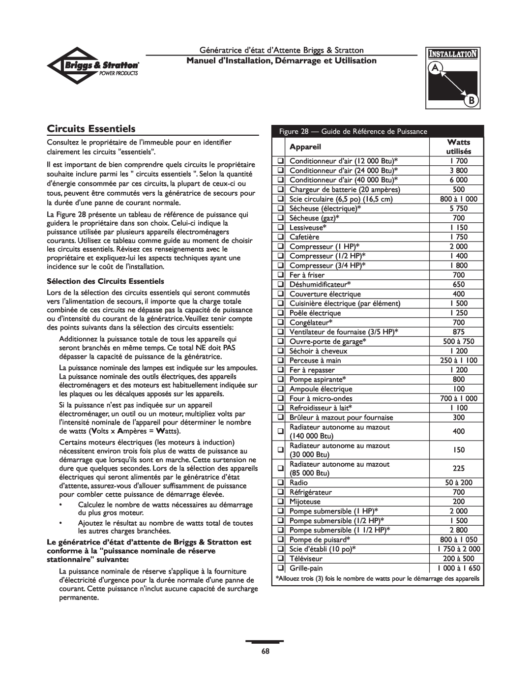 Briggs & Stratton 01897-0 manual Circuits Essentiels, Manuel dInstallation, Démarrage et Utilisation, Appareil, Watts 