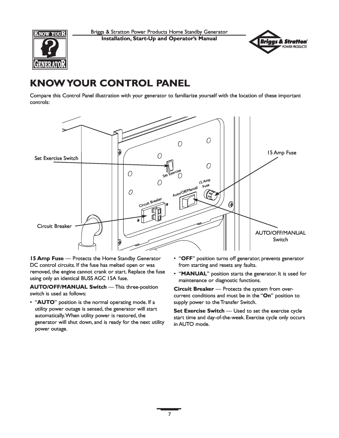 Briggs & Stratton 01897-0 manual Know Your Control Panel, Installation, Start-Up and Operator’s Manual, Breaker Circuit 