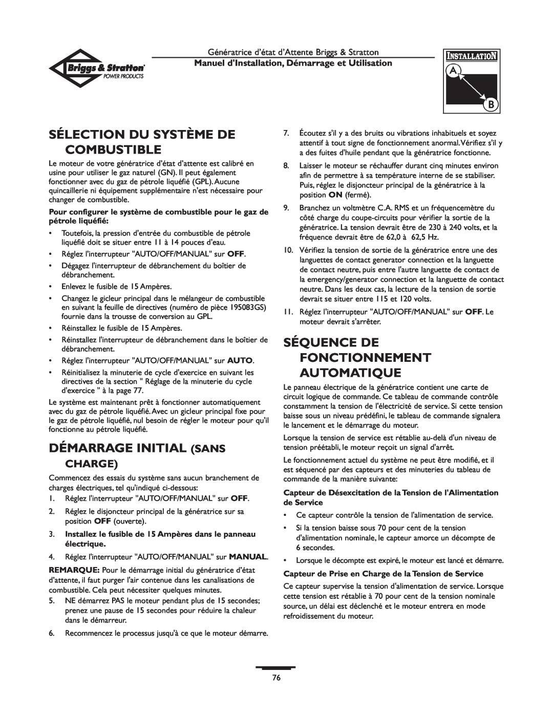 Briggs & Stratton 01897-0 manual Sélection Du Système De Combustible, Démarrage Initial Sans, Charge 