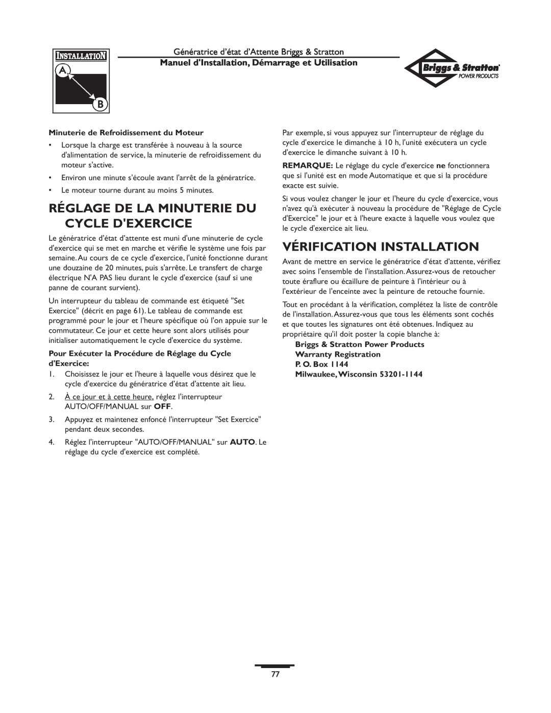 Briggs & Stratton 01897-0 manual Réglage De La Minuterie Du Cycle Dexercice, Vérification Installation 