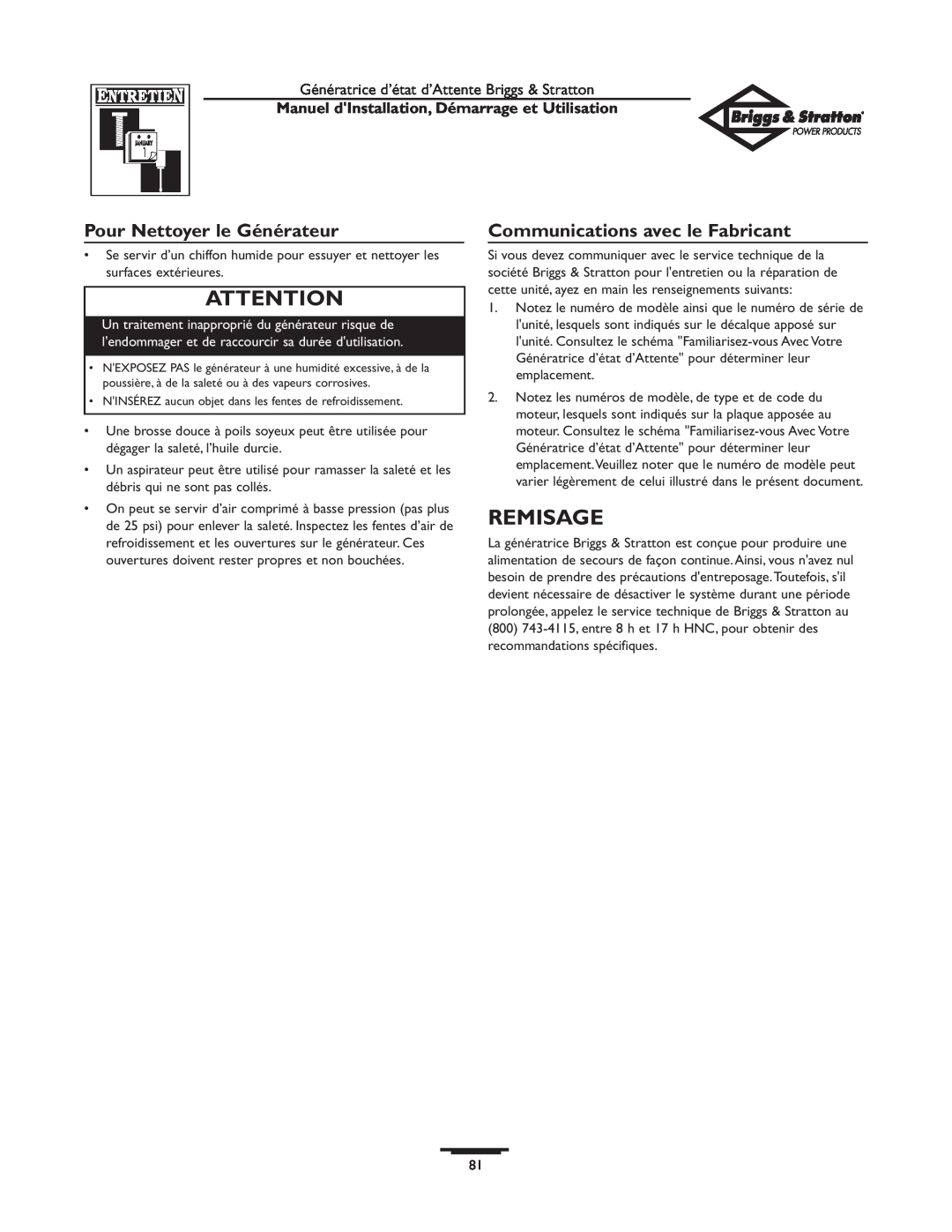 Briggs & Stratton 01897-0 manual Remisage, Pour Nettoyer le Générateur, Communications avec le Fabricant 