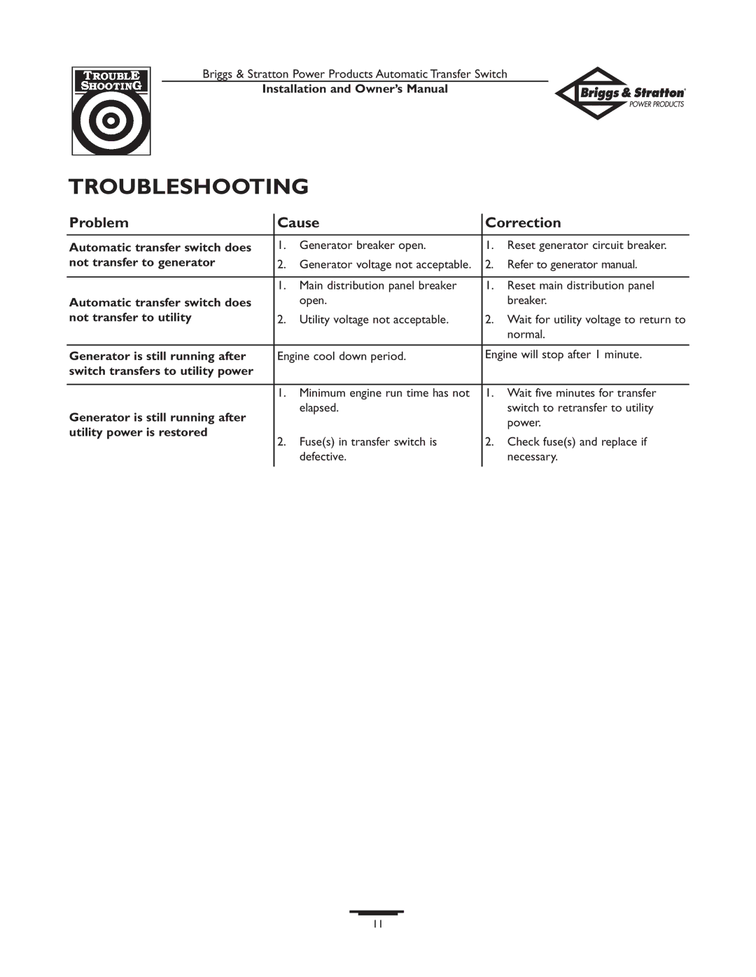 Briggs & Stratton 01917-0, 01918-0 owner manual Troubleshooting, Problem Cause Correction 