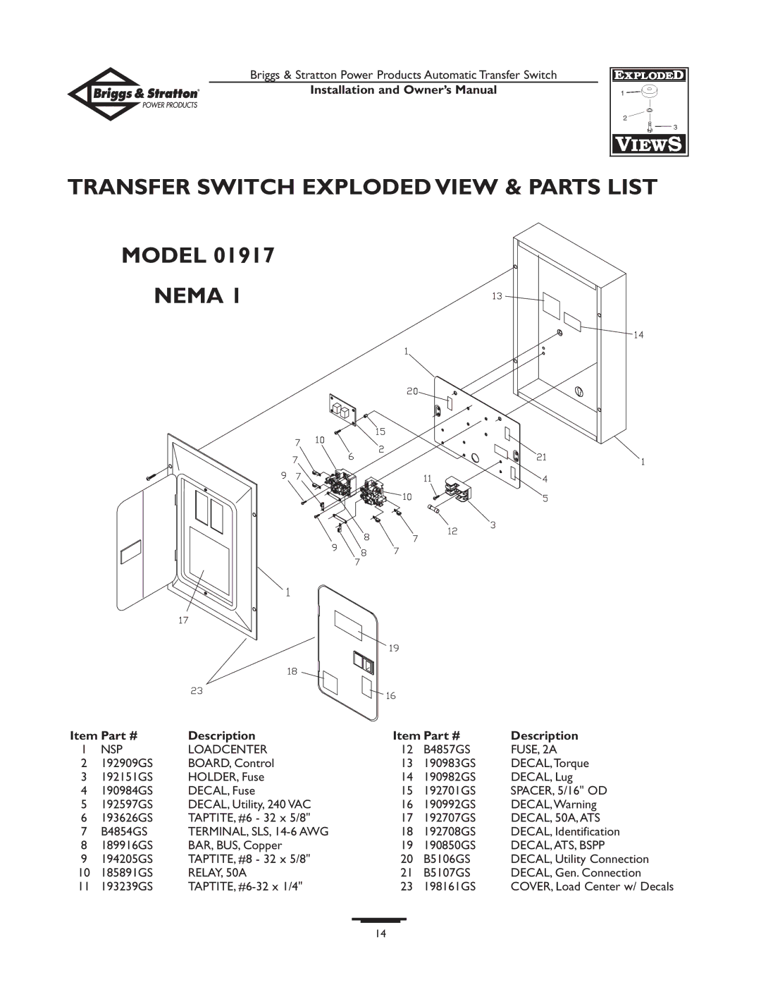 Briggs & Stratton 01917-0, 01918-0 owner manual Transfer Switch Exploded View & Parts List, Nema, Description 