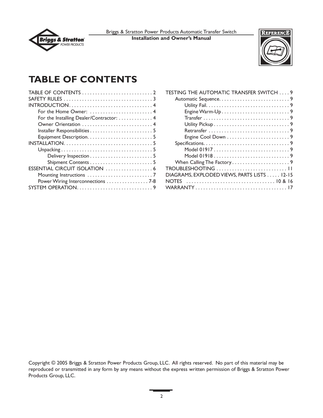 Briggs & Stratton 01917-0, 01918-0 owner manual Table of Contents 