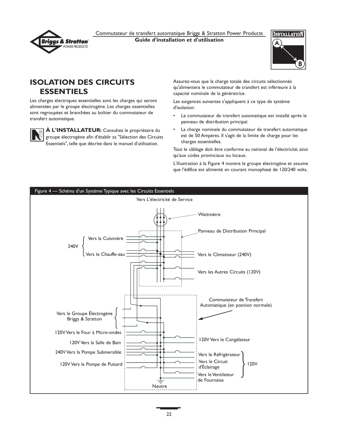 Briggs & Stratton 01917-0 Isolation DES Circuits Essentiels, Schéma dun Système Typique avec les Circuits Essentiels 