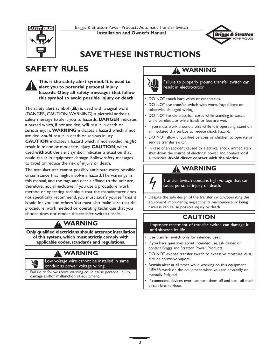 Briggs & Stratton 01917-0, 01918-0 owner manual Safety Rules, Only qualified electricians should attempt installation 