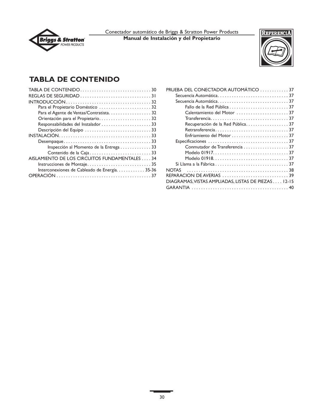 Briggs & Stratton 01917-0, 01918-0 owner manual Tabla DE Contenido, Prueba DEL Conectador Automático 