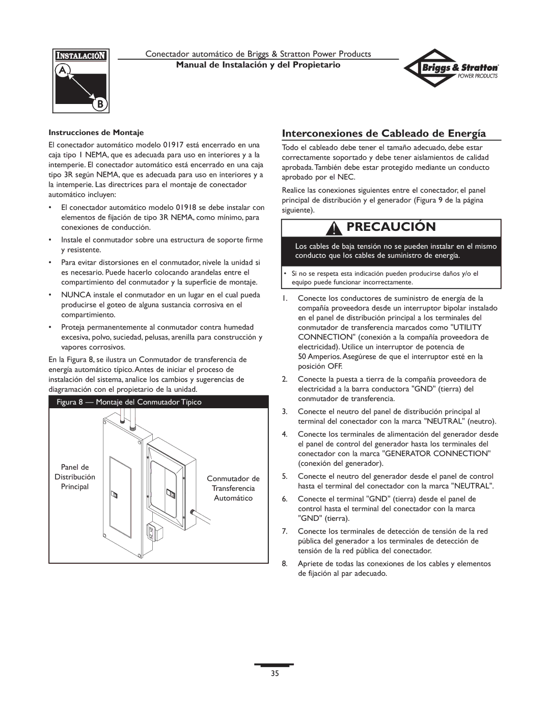 Briggs & Stratton 01917-0, 01918-0 owner manual Interconexiones de Cableado de Energía, Instrucciones de Montaje 