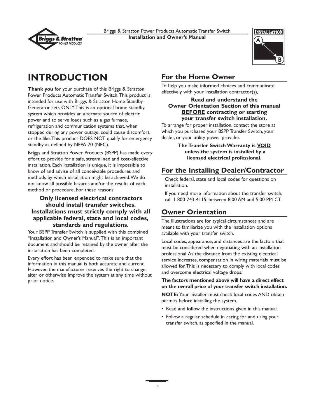 Briggs & Stratton 01917-0, 01918-0 owner manual Introduction, For the Home Owner 