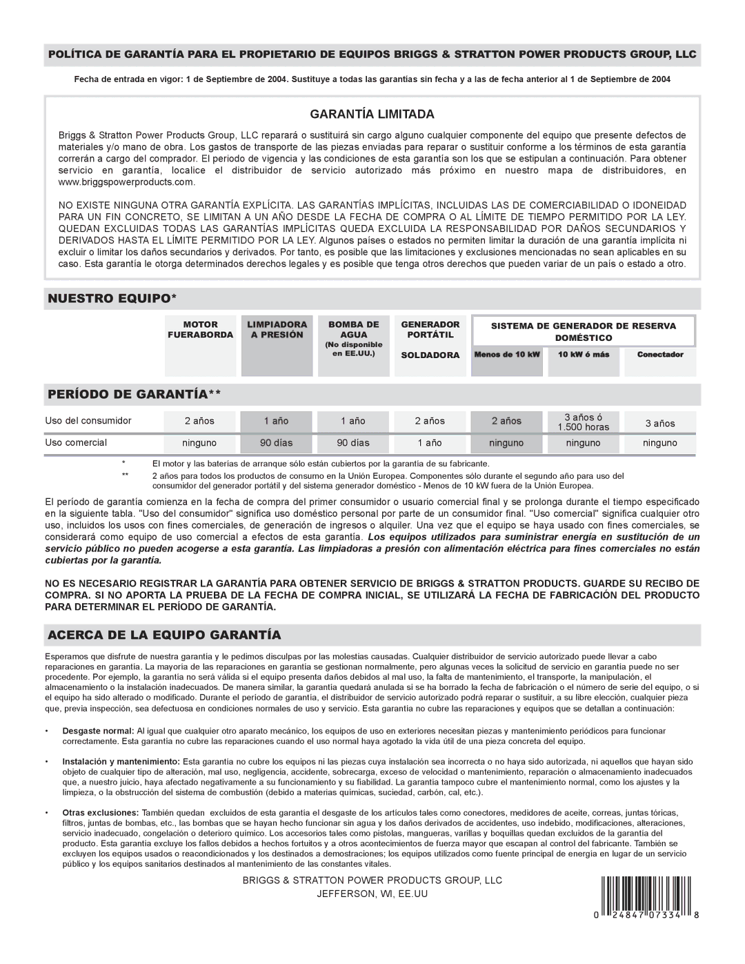 Briggs & Stratton 01917-0, 01918-0 owner manual Garantía Limitada 