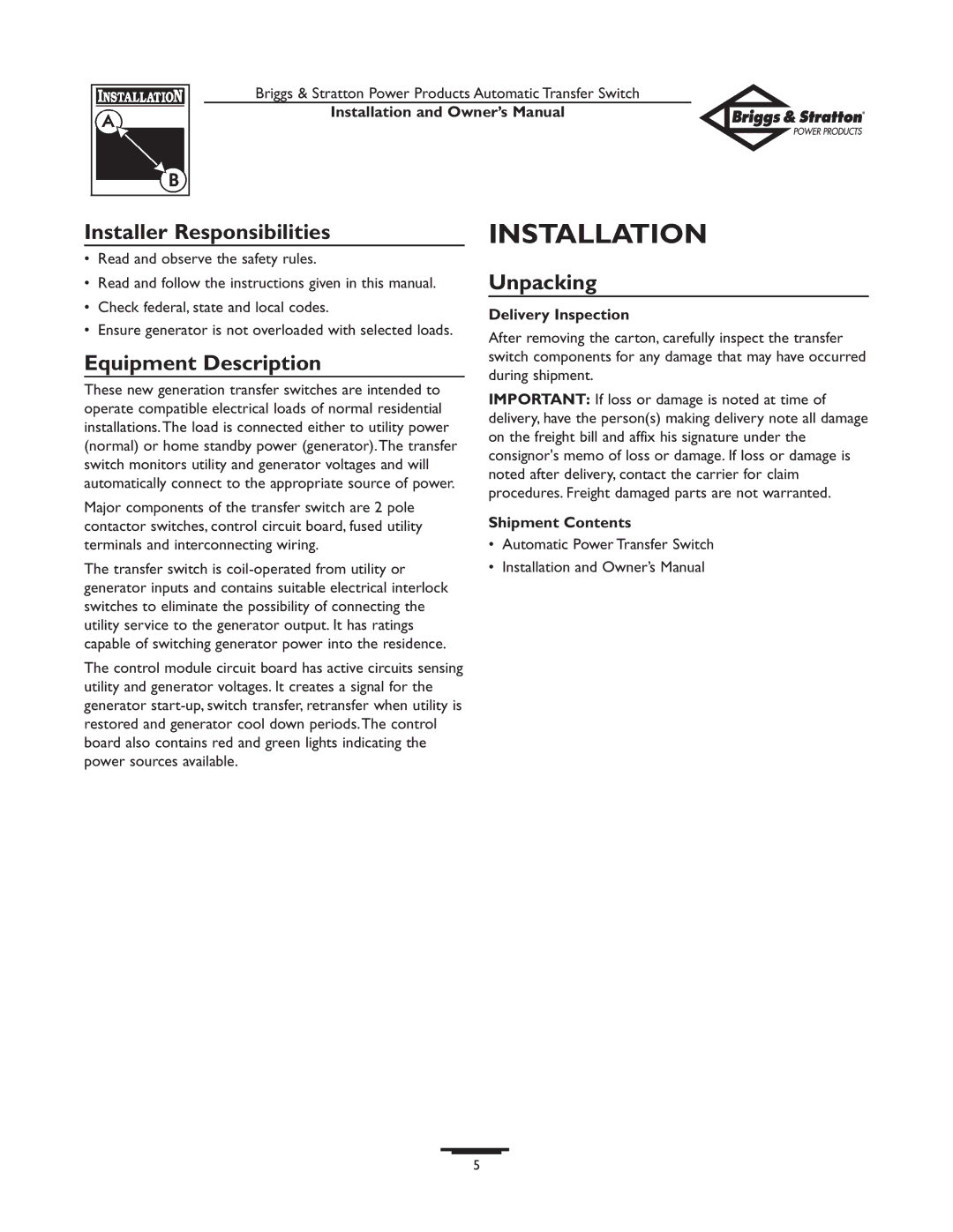 Briggs & Stratton 01917-0, 01918-0 owner manual Installation, Delivery Inspection, Shipment Contents 