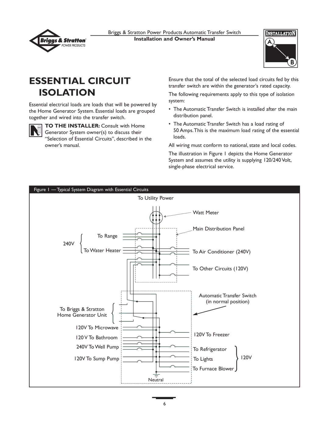 Briggs & Stratton 01917-0, 01918-0 owner manual Essential Circuit, Isolation 