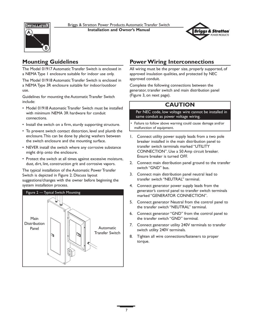 Briggs & Stratton 01917-0, 01918-0 owner manual Mounting Guidelines 