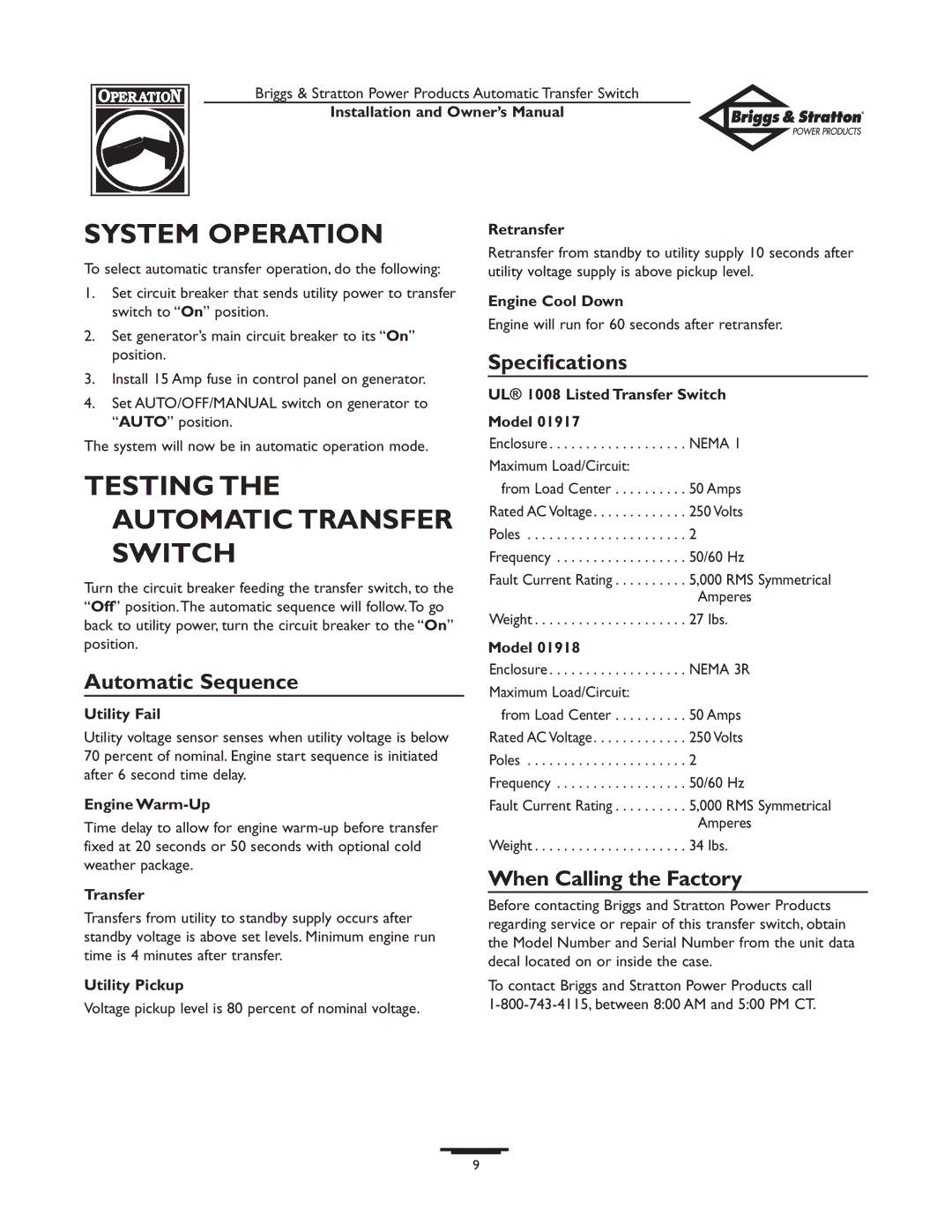 Briggs & Stratton 01917-0, 01918-0 owner manual System Operation, Testing the Automatic Transfer Switch 