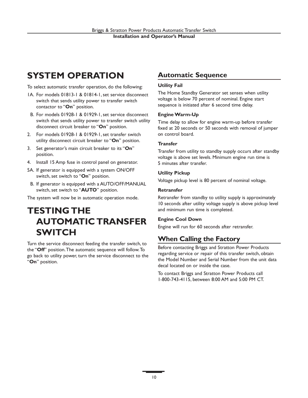 Briggs & Stratton 01929-1, 01928-1, 01814-1, 01813-1 manual System Operation, Testing the Automatic Transfer Switch 