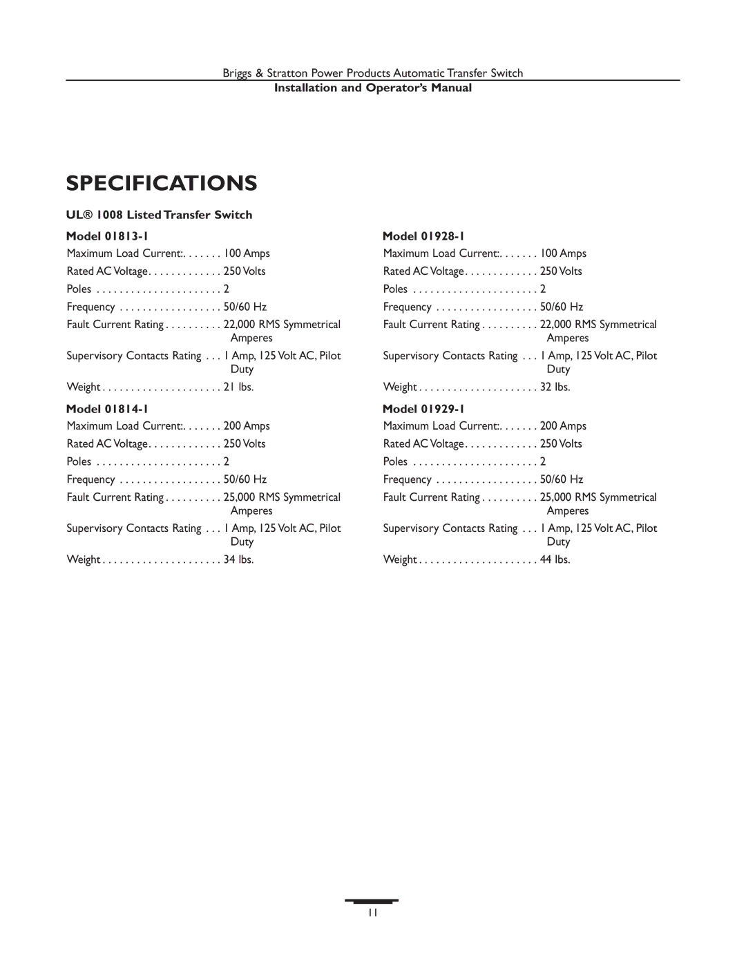 Briggs & Stratton 01813-1, 01928-1, 01814-1, 01929-1 manual Specifications, UL 1008 Listed Transfer Switch Model 