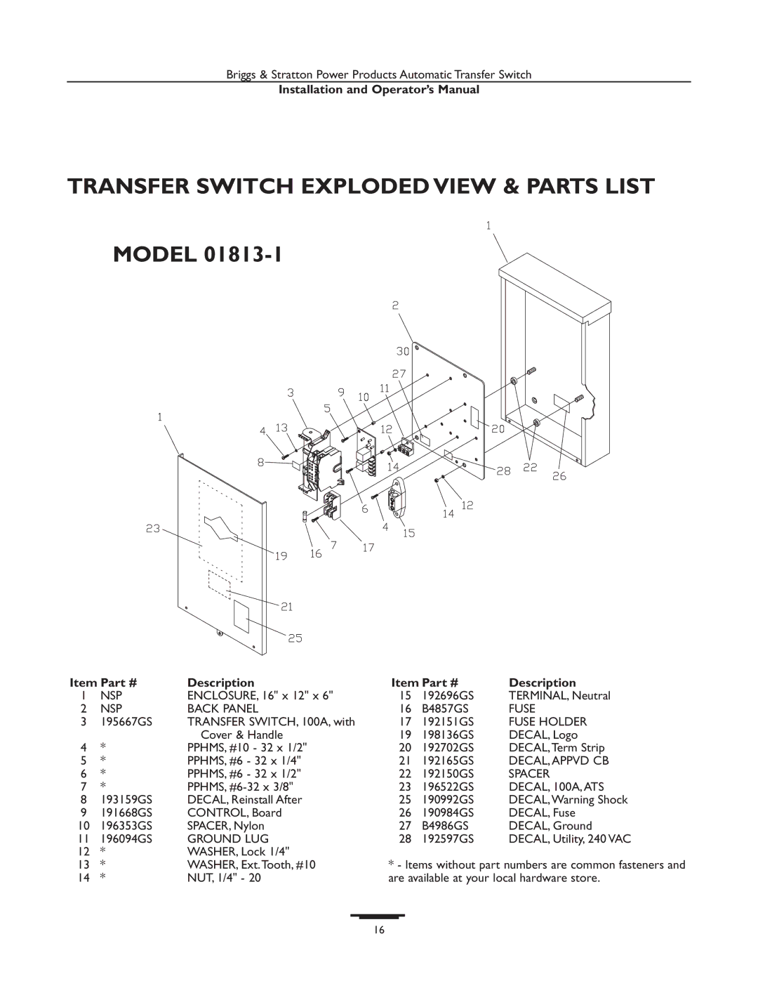 Briggs & Stratton 01928-1, 01814-1, 01929-1, 01813-1 manual Transfer Switch Exploded View & Parts List, Description 