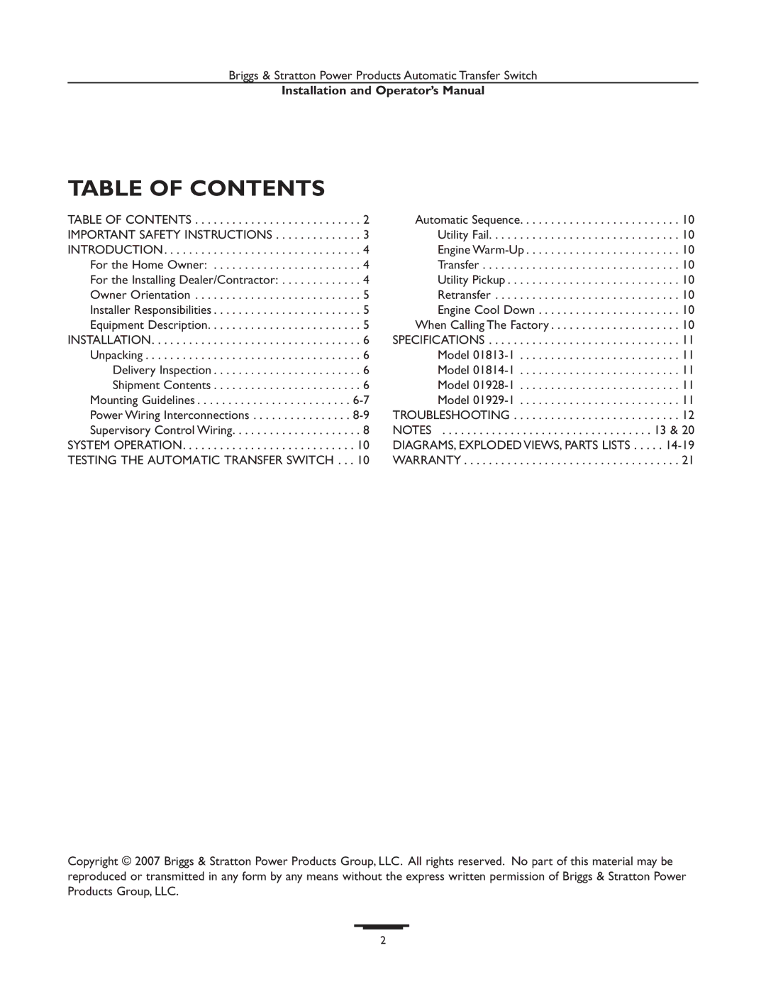 Briggs & Stratton 01929-1, 01928-1, 01814-1, 01813-1 manual Table of Contents 