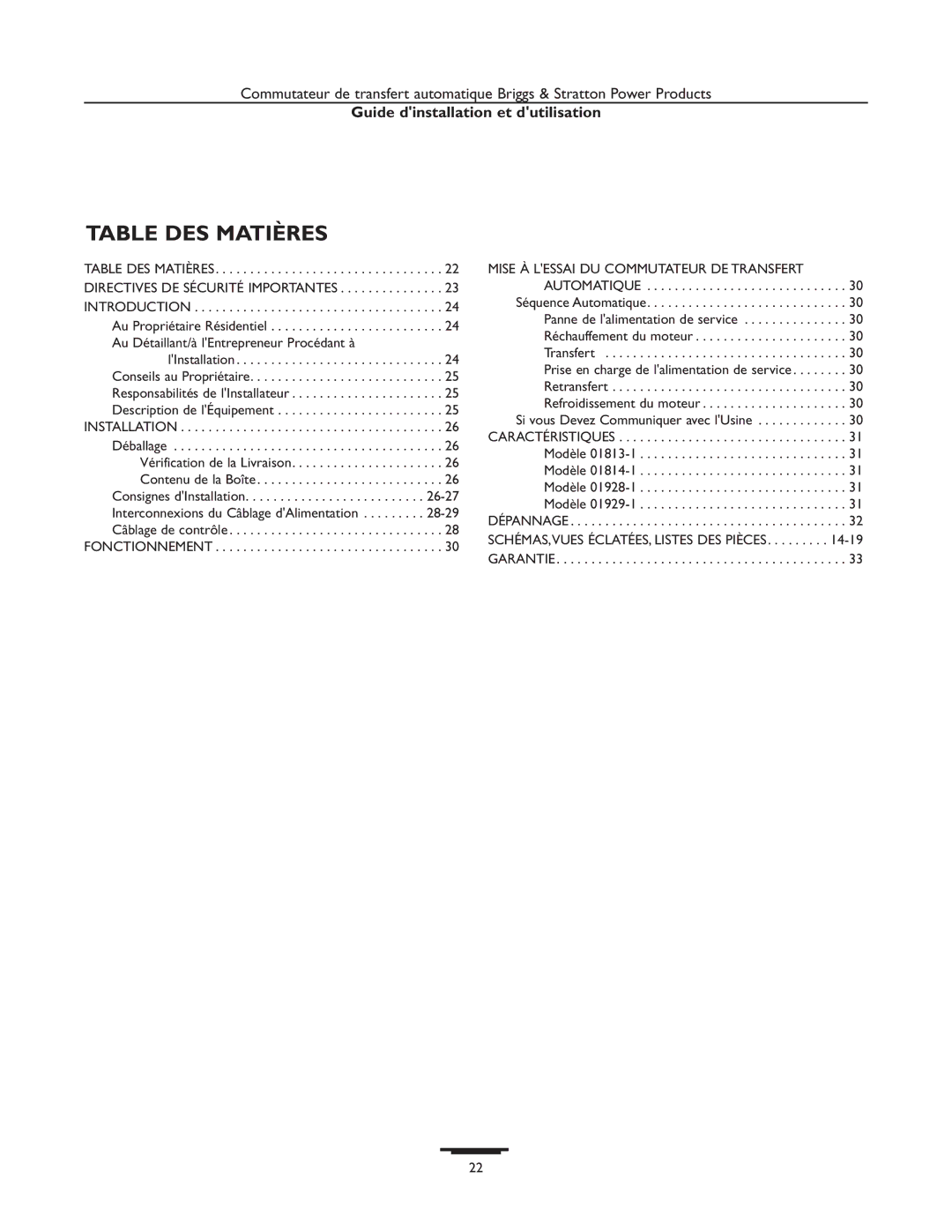 Briggs & Stratton 01929-1, 01928-1, 01814-1, 01813-1 manual Table DES Matières, Guide dinstallation et dutilisation 