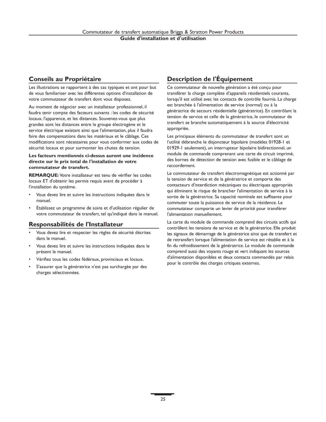 Briggs & Stratton 01814-1, 01928-1 Conseils au Propriétaire, Responsabilités de lInstallateur, Description de lÉquipement 