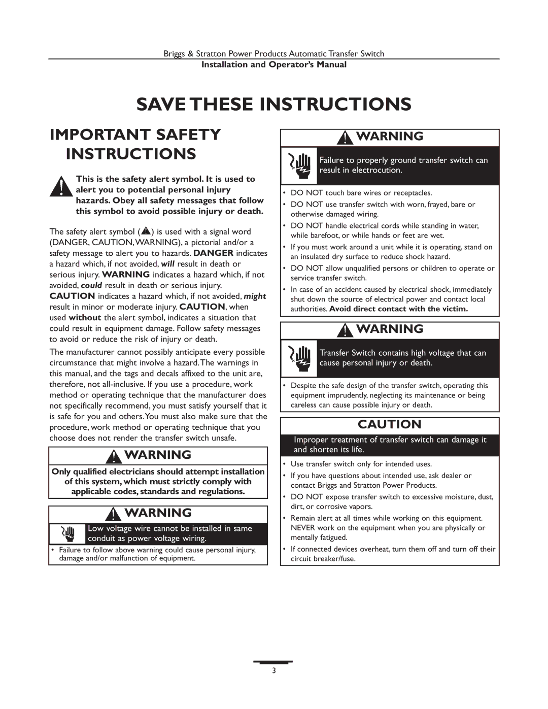 Briggs & Stratton 01813-1, 01928-1 Important Safety Instructions, Only qualified electricians should attempt installation 