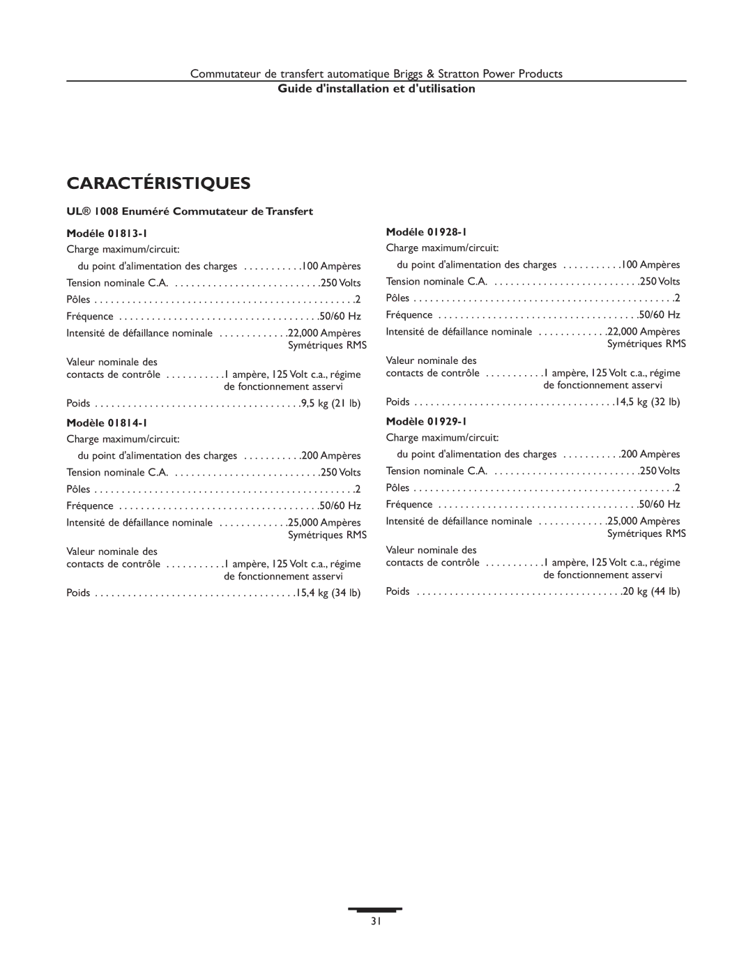 Briggs & Stratton 01813-1 manual Caractéristiques, UL 1008 Enuméré Commutateur de Transfert Modéle, Charge maximum/circuit 