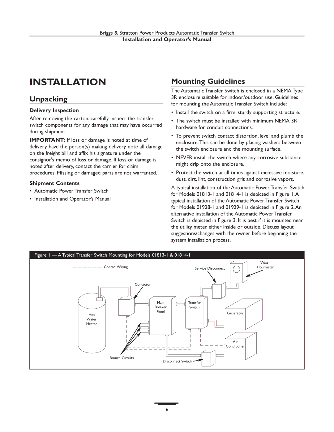 Briggs & Stratton 01929-1, 01928-1, 01814-1, 01813-1 manual Installation, Delivery Inspection, Shipment Contents 