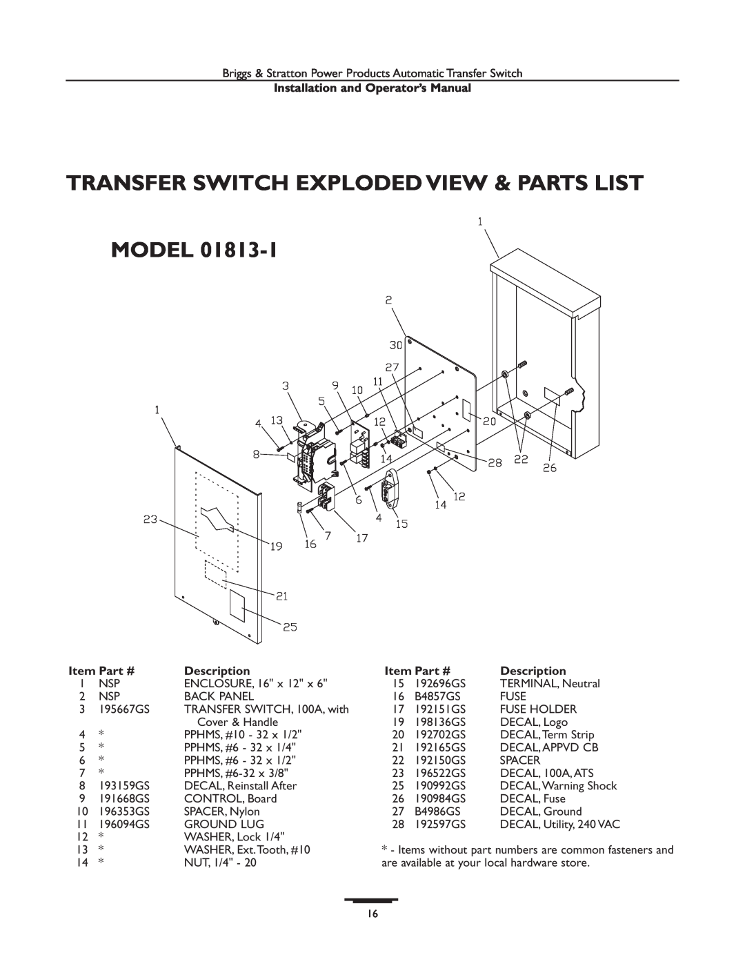 Briggs & Stratton 01928-1, 01814-1, 01929-1, 01813-1 manual Transfer Switch Exploded View & Parts List Model, Description 