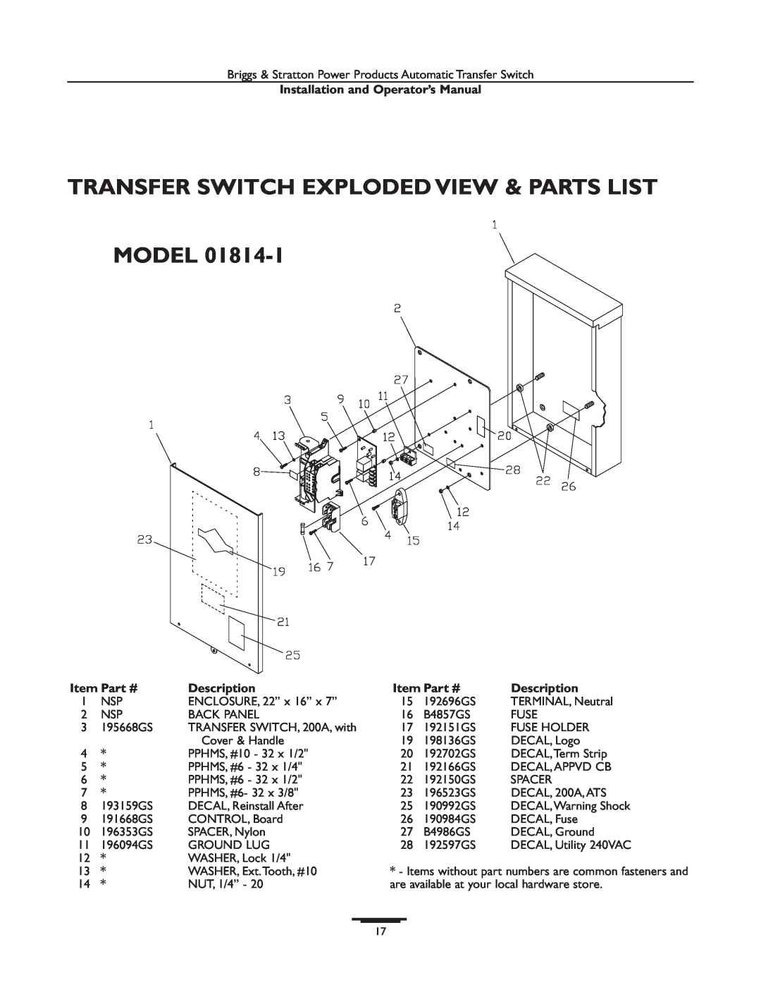 Briggs & Stratton 01814-1, 01928-1 Transfer Switch Exploded View & Parts List Model, Installation and Operator’s Manual 