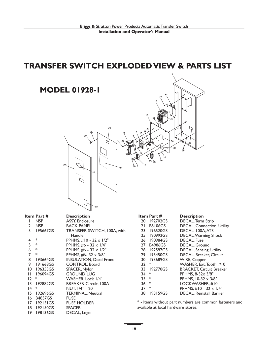 Briggs & Stratton 01929-1, 01928-1 Transfer Switch Exploded View & Parts List Model, Installation and Operator’s Manual 