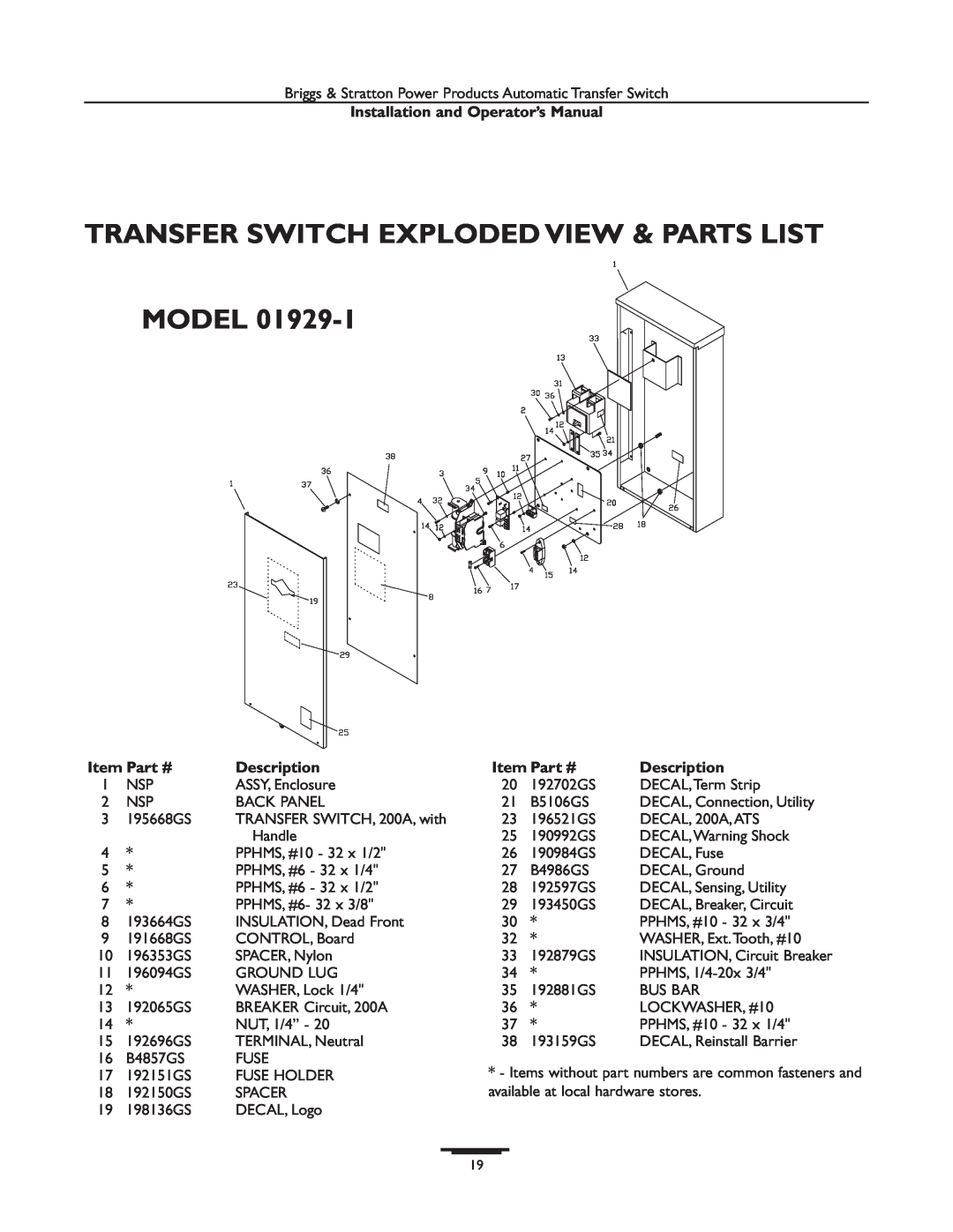 Briggs & Stratton 01813-1, 01928-1 Transfer Switch Exploded View & Parts List Model, Installation and Operator’s Manual 