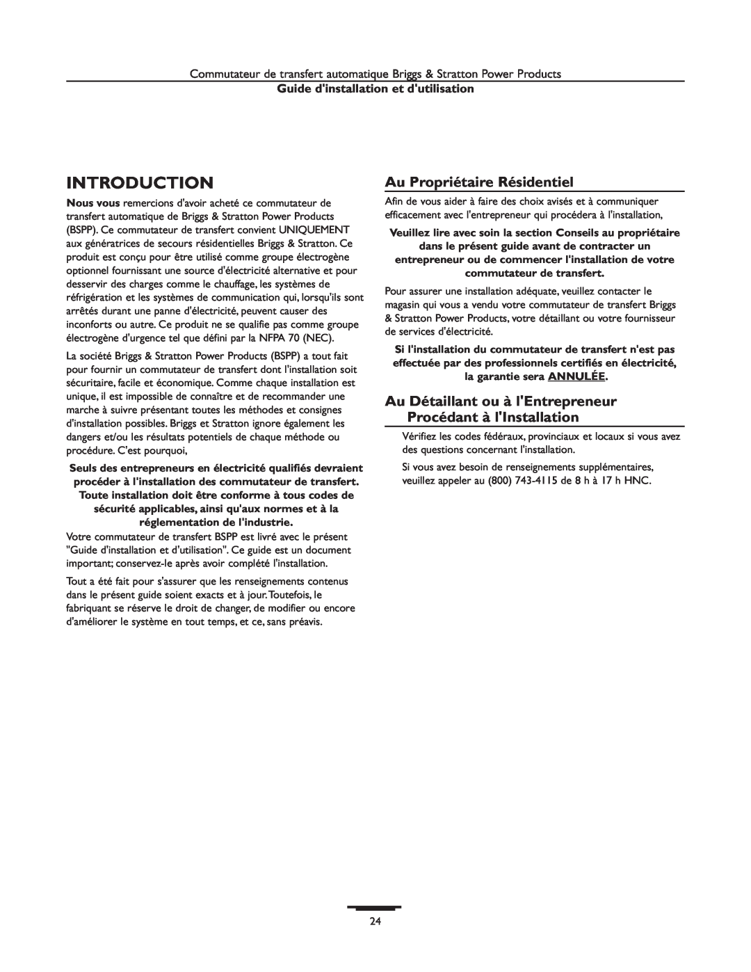 Briggs & Stratton 01928-1, 01814-1, 01929-1 Introduction, Au Propriétaire Résidentiel, Guide dinstallation et dutilisation 