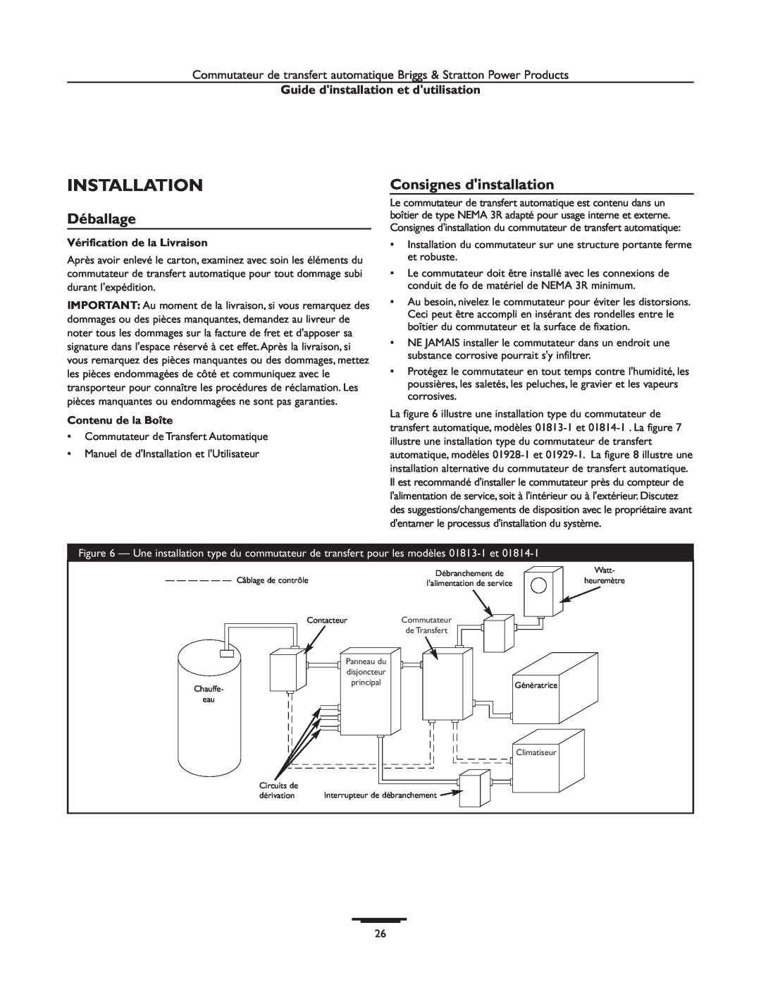 Briggs & Stratton 01929-1, 01928-1 Installation, Déballage, Consignes dinstallation, Guide dinstallation et dutilisation 