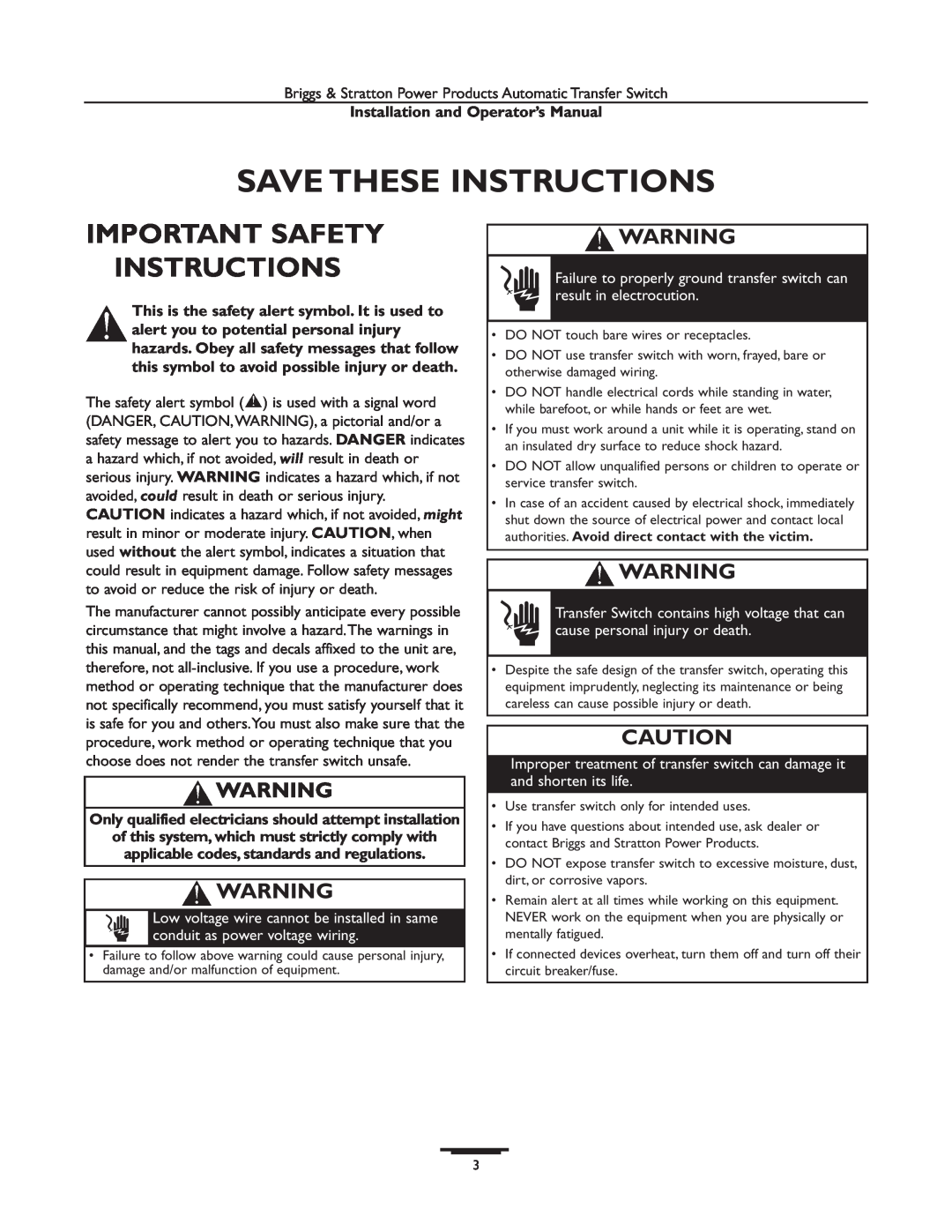 Briggs & Stratton 01813-1, 01928-1 Important Safety Instructions, Only qualified electricians should attempt installation 