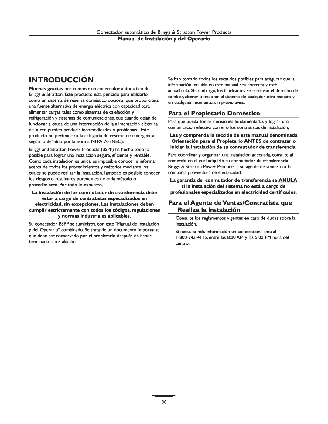Briggs & Stratton 01928-1, 01814-1 manual Introducción, Para el Propietario Doméstico, Manual de Instalación y del Operario 