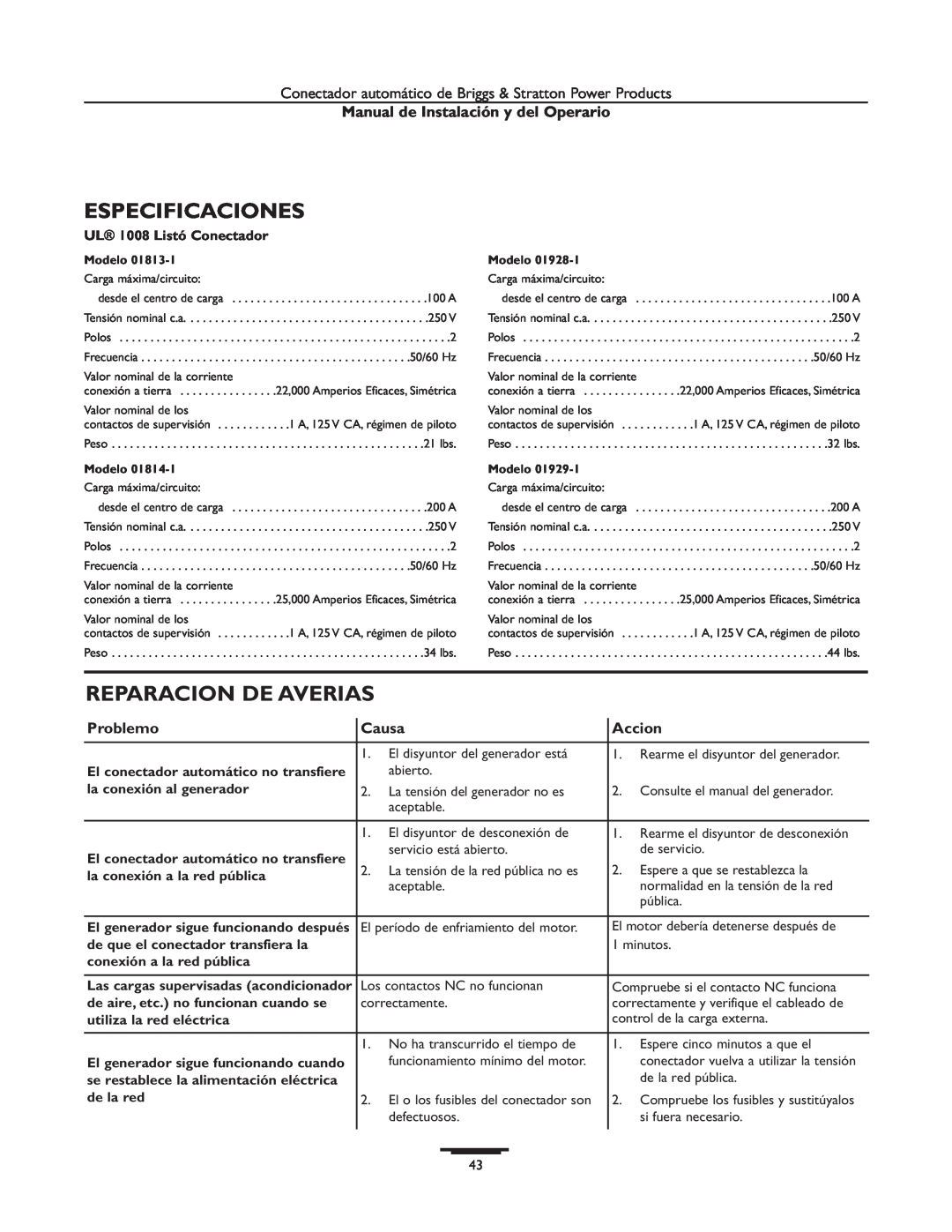 Briggs & Stratton 01813-1 manual Especificaciones, Reparacion De Averias, Problemo, Causa, Accion, UL 1008 Listó Conectador 