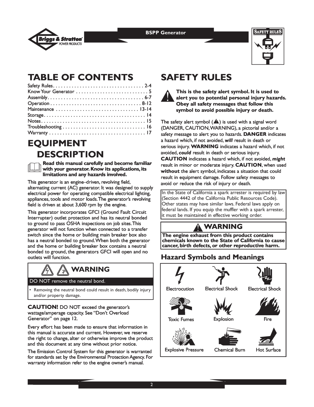 Briggs & Stratton PRO6500 01933, 01932 Table Of Contents, Equipment Description, Safety Rules, Hazard Symbols and Meanings 