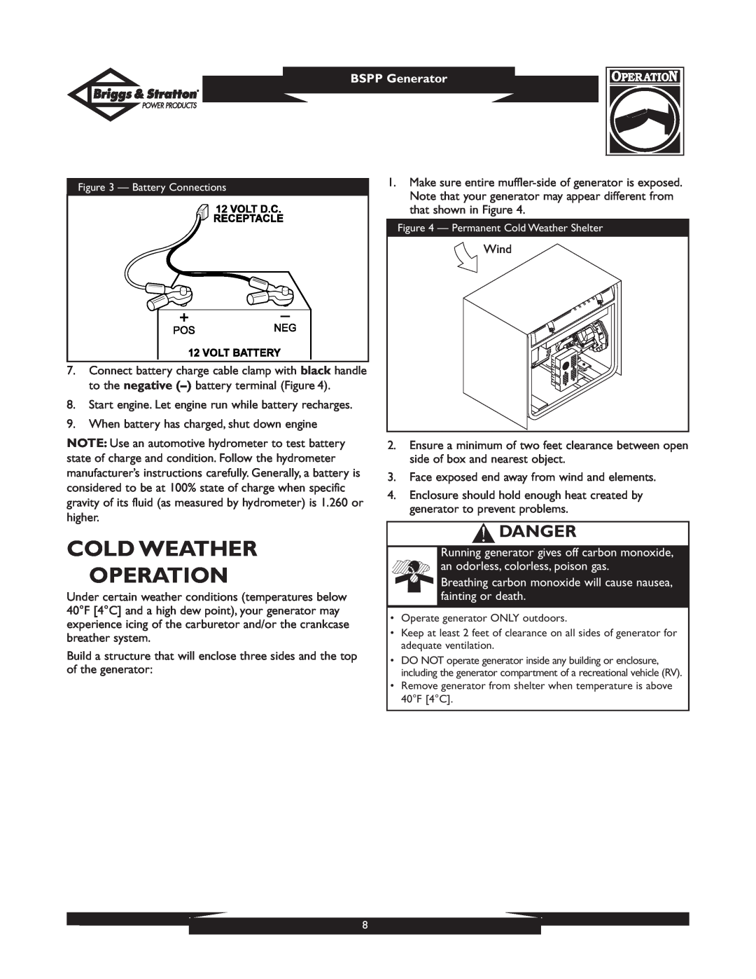 Briggs & Stratton PRO6500 01933, PRO4000 01932 owner manual Cold Weather Operation, Danger, BSPP Generator 