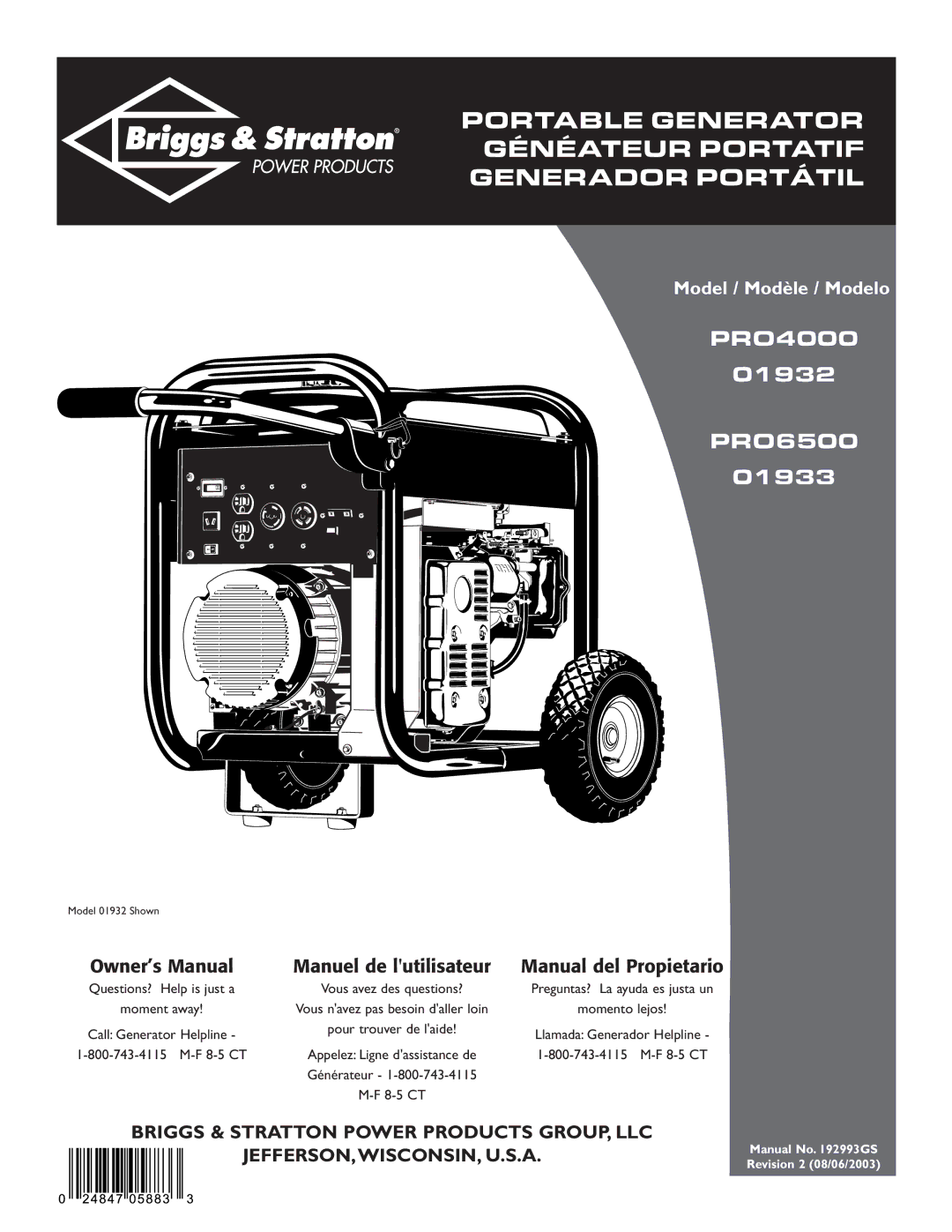 Briggs & Stratton owner manual PRO4000 01932 PRO6500 01933 