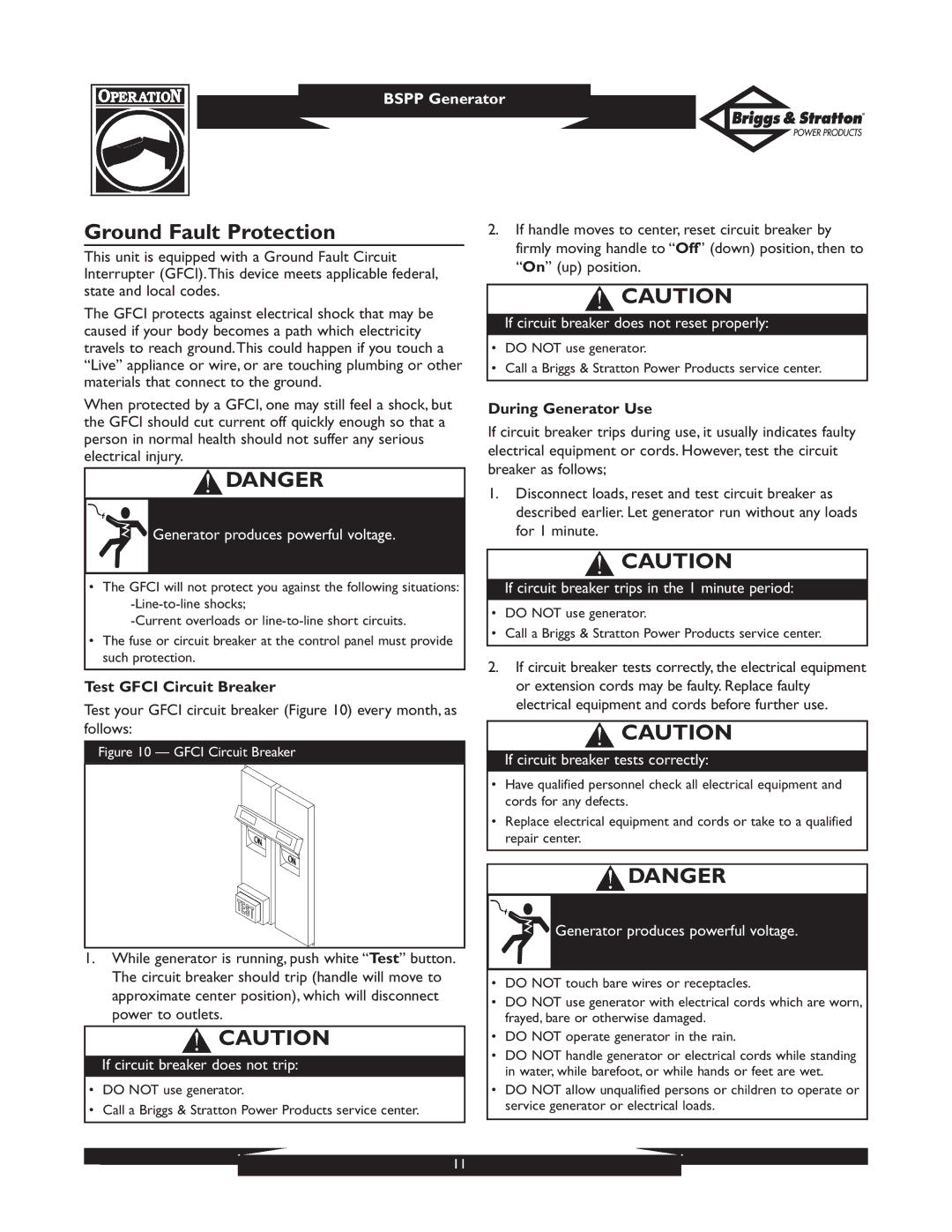 Briggs & Stratton PRO6500 01933, 01932 owner manual Ground Fault Protection, Test Gfci Circuit Breaker, During Generator Use 