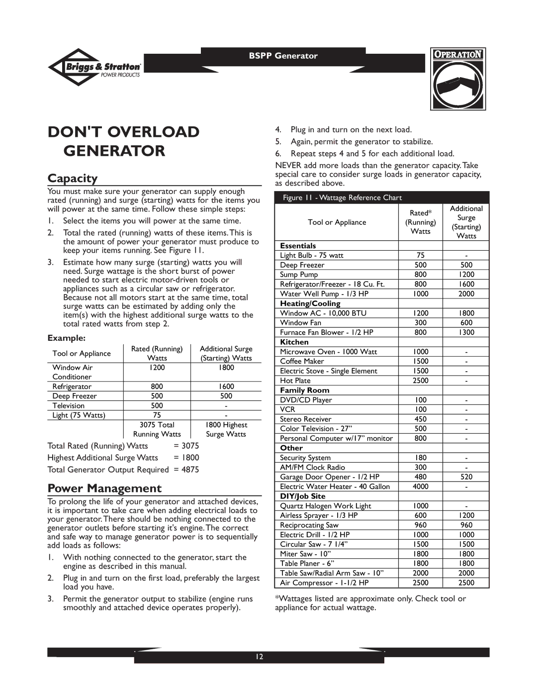 Briggs & Stratton PRO4000 01932, PRO6500 01933 owner manual Dont Overload Generator, Capacity, Power Management, Example 