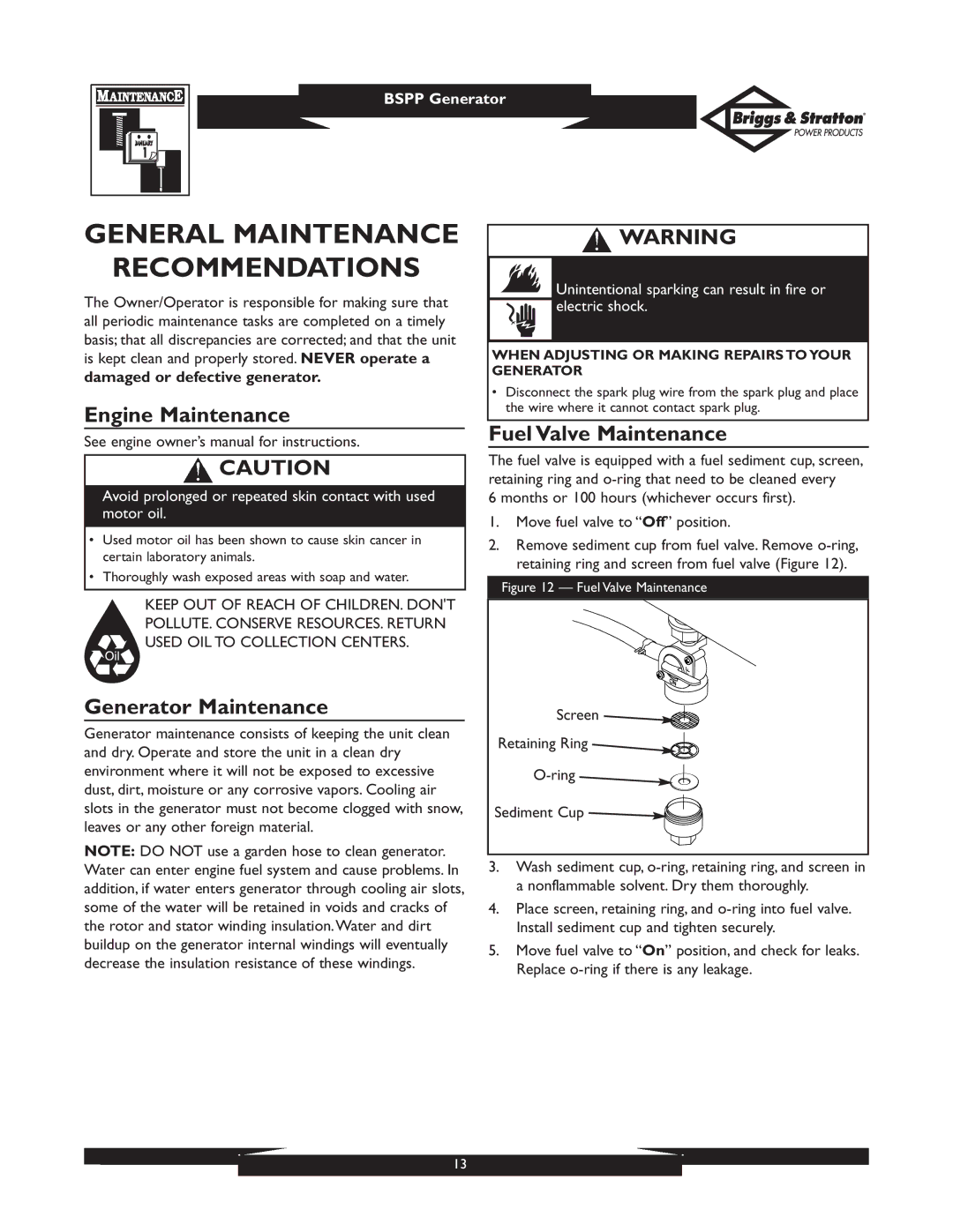 Briggs & Stratton PRO4000 01932 General Maintenance Recommendations, Engine Maintenance, Fuel Valve Maintenance 