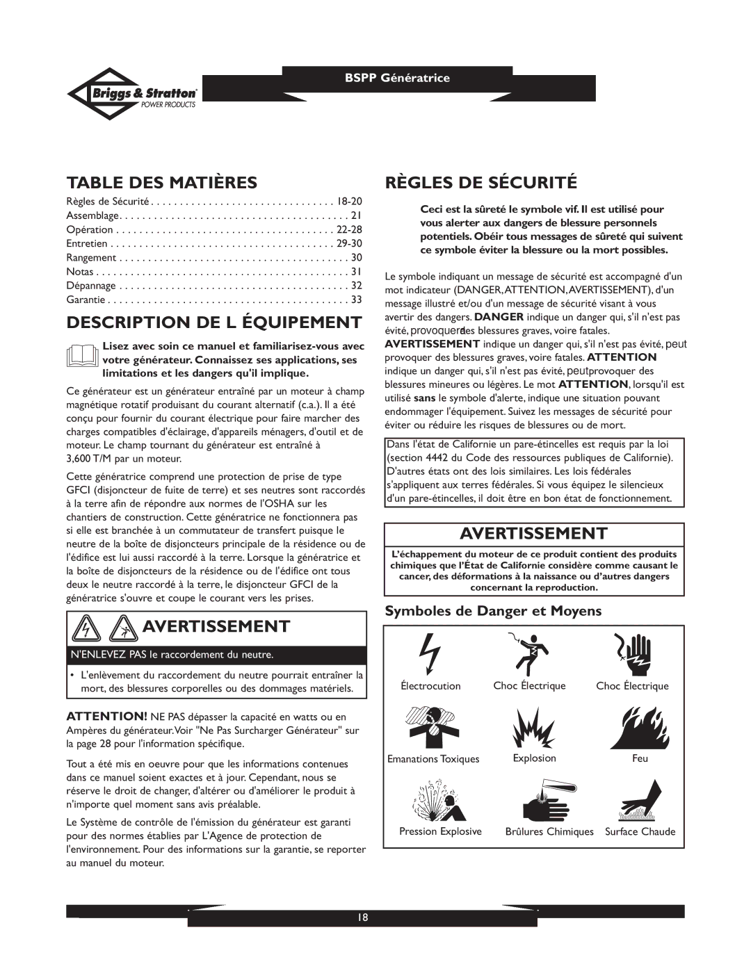 Briggs & Stratton PRO4000 01932 Table DES Matières, Description DE L Équipement, Règles DE Sécurité, Avertissement 