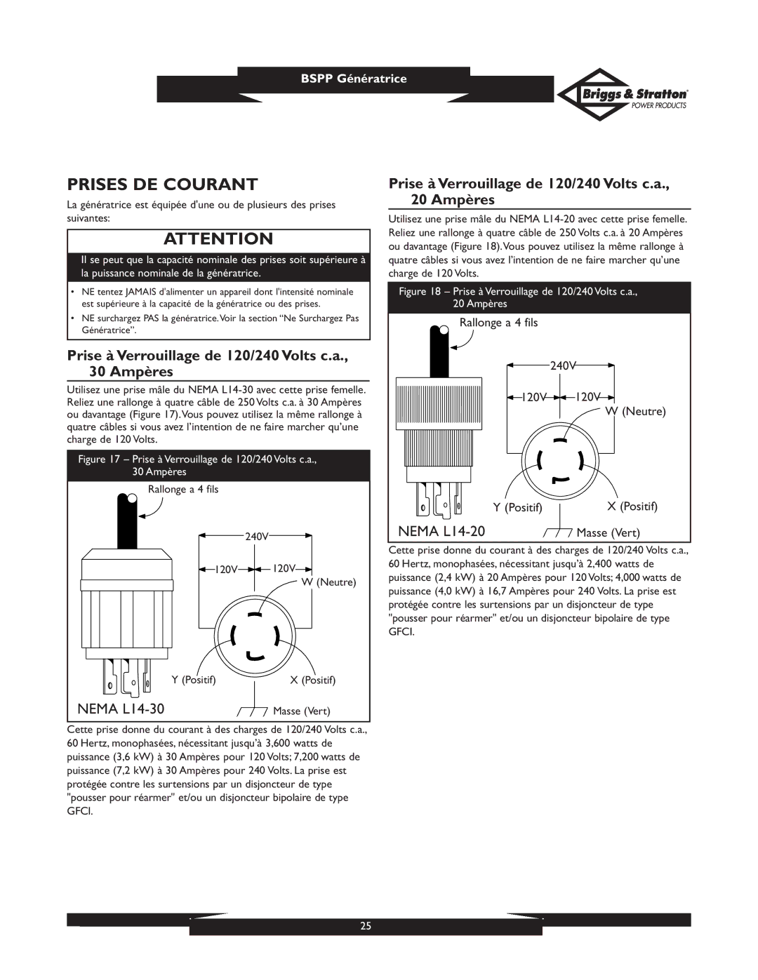 Briggs & Stratton PRO4000 01932 Prises DE Courant, Prise à Verrouillage de 120/240 Volts c.a., 30 Ampères, Masse Vert 