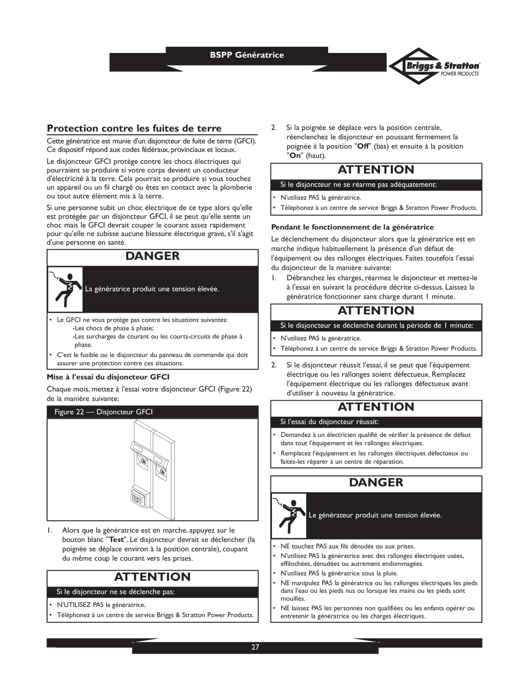 Briggs & Stratton PRO4000 01932, PRO6500 01933 Protection contre les fuites de terre, Mise à lessai du disjoncteur Gfci 