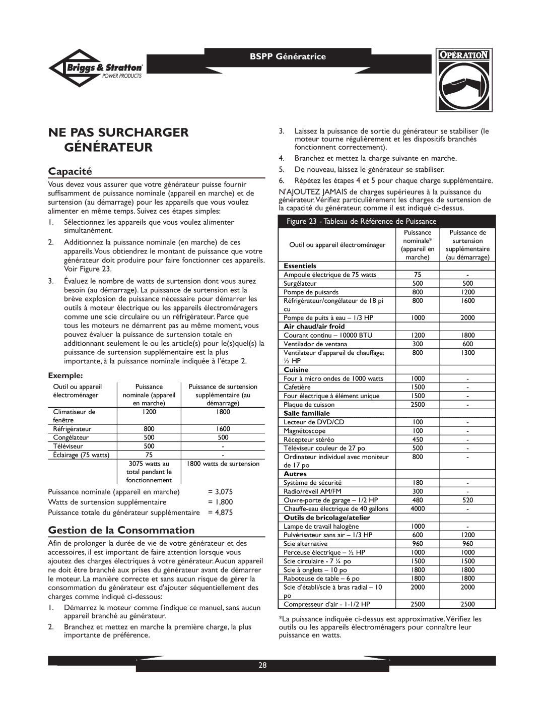 Briggs & Stratton PRO4000 01932, PRO6500 01933 NE PAS Surcharger Générateur, Capacité, Gestion de la Consommation, Exemple 