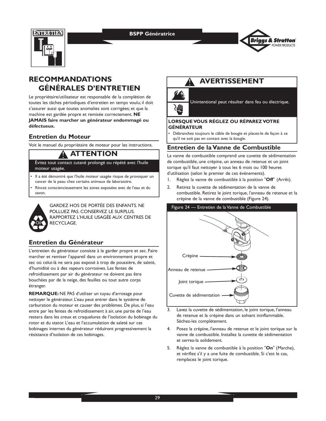 Briggs & Stratton PRO6500 01933, 01932 Recommandations Générales D’ENTRETIEN, Entretien du Moteur, Entretien du Générateur 